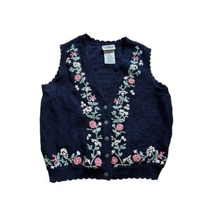 Cottagecore Grandma 90's Flower Embroidery Blue Vest Sz Med Womens Metal Buttons